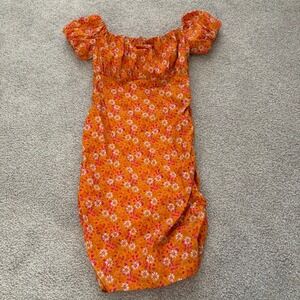 WAYF Floral Mini‎ Dress Womens XS Orange Ruched Coquette Milkmaid Cottage Garden